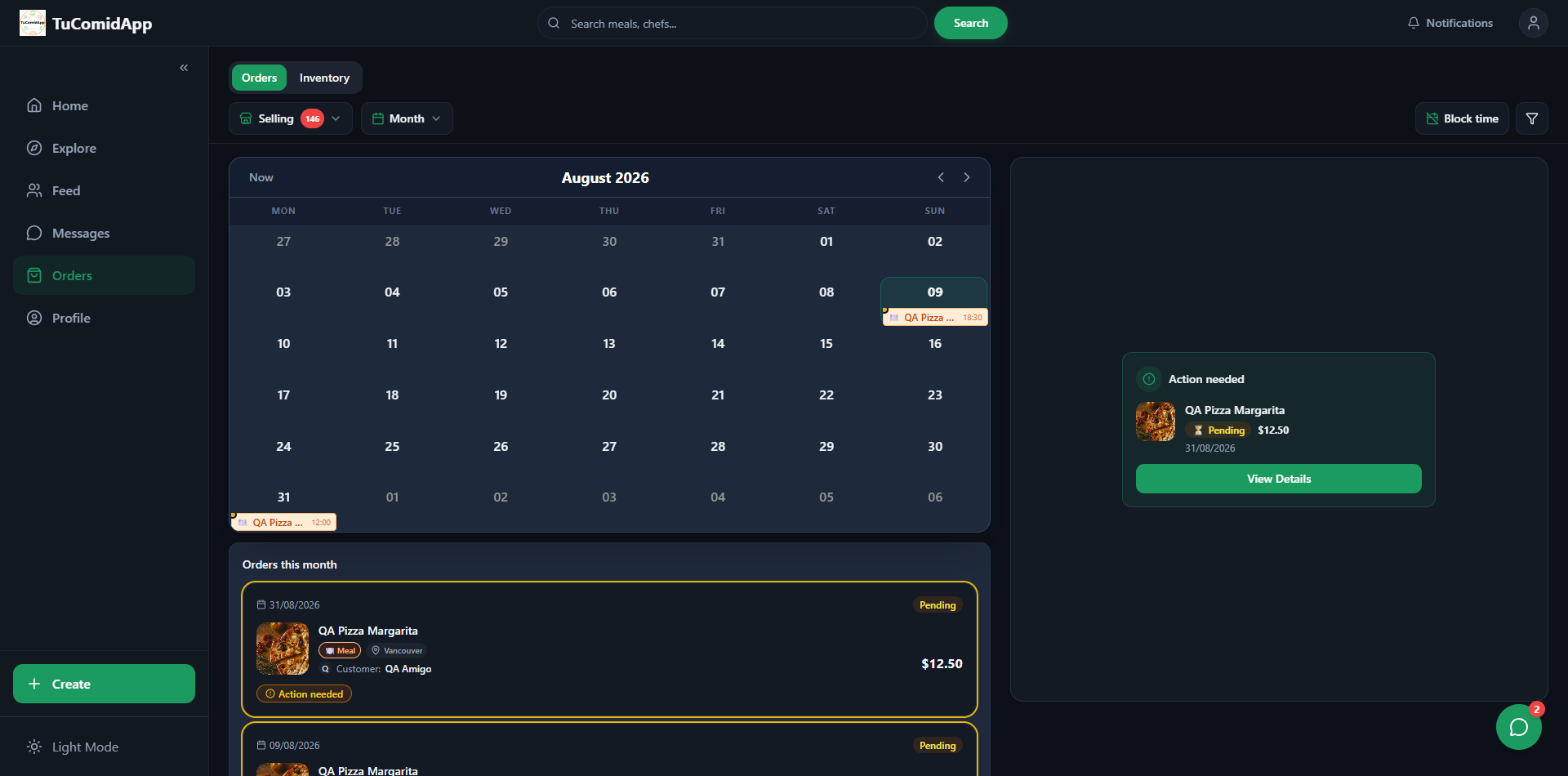 TuComidApp orders calendar